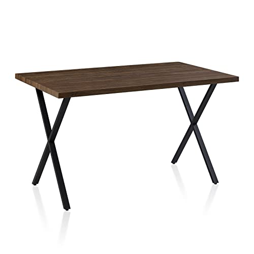 TUKAILAi Dining Table Rustic Effect Rectangle Kitchen Desk with X-Shaped Metal legs Breakfast Table 120cm Kitchen Table for 4-6 person Dining Room Home Restaurant Retro Brown