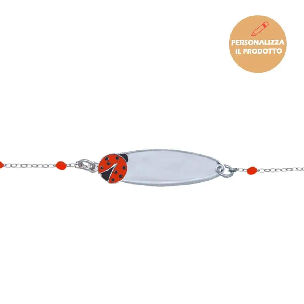Bracciale Rosary in Argento 925 con Coccinella Smaltata e Piastrina Incidibile per Bambini Kids Collection + Confezione Regalo Personalizzata + Braccialetto per Nascita Comunione Battesimo Compleanno