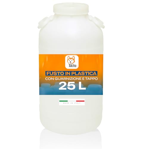 AKITAInk Fusto in Plastica 25 Lt con Bocca Larga e Tappo | Guarnizione Ermetica, Rubinetto Installabile, Alimentare, Neutro, Made in Italy