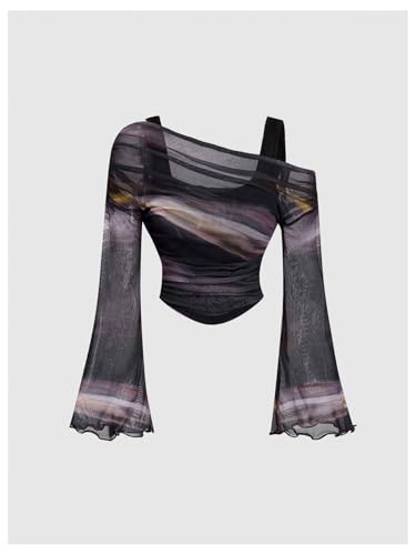 GORGLITTER Girl's Mesh Off The Shoulder Tops Tie Dye Ruched Bell Sleeve Going Out Tee Shirts2