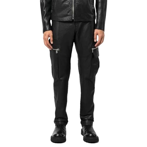 Men's Biker Leather Pants Classic Black Trendy Sheepskin Slim Fit Motorcycle Trousers Fashion Streetwear