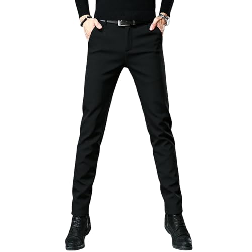 Men's Autumn Winter Korean Style Drape Business Slim Elastic Fleece Lined Black Casual Pants