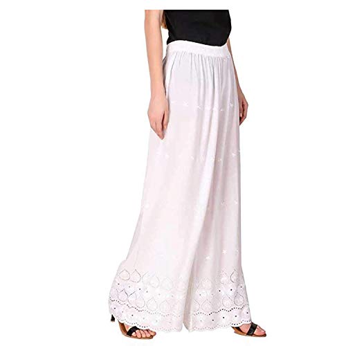Image of TRIFON Women Mid Rise Lucknow Chicken Embroidred Cotton Rayan Regular Fit Palazzo Color White Free Size 28 to 38.
