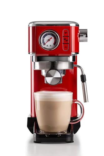 Image of Ariete 1381 Coffee machine with pressure gauge, compatible with ground coffee and ESE pods, 1300 W, 1.1 L capacity, 15 bar pressure, cup filter, Cappuccino device, Red