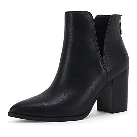SERAIH Womens Pointed Toe Ankle Booties Stacked Mid Block Heel Cutout Back Zipper Shoes Faux Leather Boots Cover