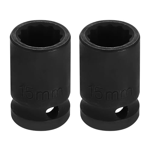 Image of HARFINGTON 2pcs 1 /2 inch Drive x 15mm Shallow Impact Socket 12-Point Metric CR-V Steel Spindle Nut Impact Flip Sleeve for Home Auto Nuts Bolts Repair