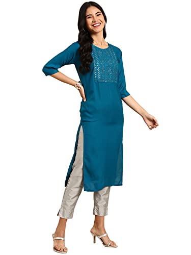 Image of SHOWOFFFF Women Solid Straight Ethnic Kurta | Round Neck 3 /4th Sleeves Cotton Kurta for Womens | Regular Fit Calf Length Kurta for Women's