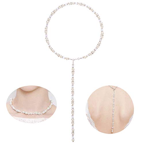 Preisvergleich Produktbild LONGBLE Rückseite Halskette aus Perlen Klar Elements, Braut rückenkette Damen Exquisite Halskette Y-Kette Brautschmuck, Perlenkette Perle Hintergrund Halskette Zurück Kette Körperkette Bauchketten