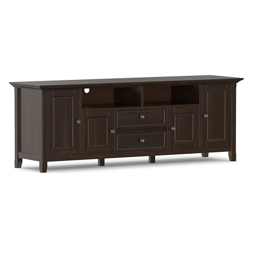 Image of SIMPLIHOME Amherst 72 inch Wide Solid Wood TV Stand in Brunette Brown