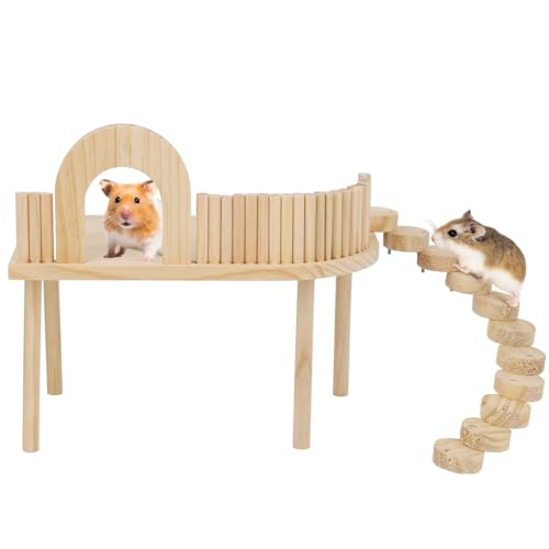 Small Pet Playstand with Climbing Ladder, Hamster Wooden Platform with Fence, Ideal for Squirrel and Guinea Pig