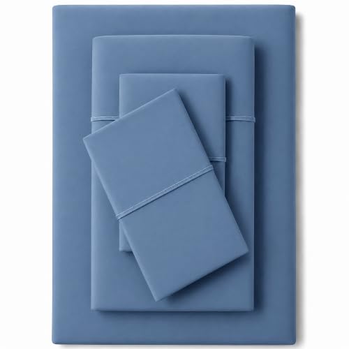Image of Feather & Stitch 500 TC Twin Size 3pc Damask Bed Sheet Set, 100% Soft Cotton Breathable Bedsheets, 18 inch Deep Pockets Sateen Weave Solid Bedding Mattress Resort Hotel Luxury Decor - (Mist Blue)