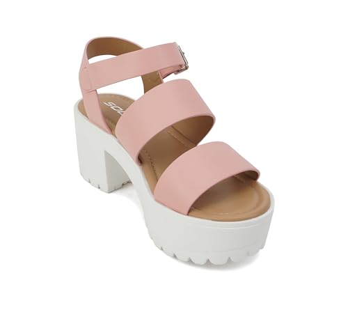 Image of Soda ACCOUNT ~ Women Open Toe Two Bands Lug sole Fashion Block Heel Sandals with Adjustable Ankle Strap