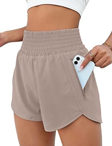 BMJL Women's Running Shorts Elastic High Waisted Shorts Pocket Sporty Workout Shorts Quick Dry Athletic Shorts Pants(M,Khaki)