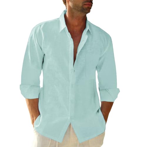 Image of JEKAOYI Mens Button Down Cotton Linen Shirts Casual Long Sleeve Beach Tops