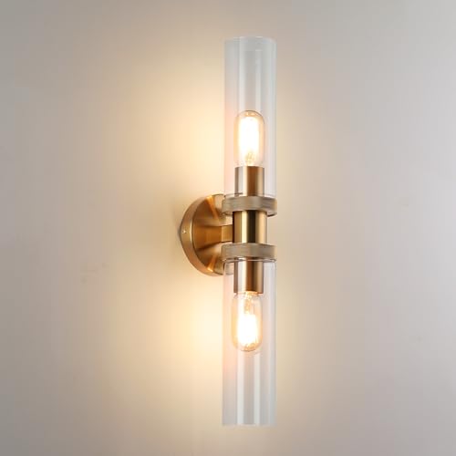ECOBRT 2 Light Bathroom Vanity Light Brushed Brass, Bathroom Light Fixtures Side Mirror, Vintage Wall Lamp for Bedroom, Modern Bedroom Vanity Lighting Fixtures with Glass Shade by ECOBRT - Used condition - US$67.94