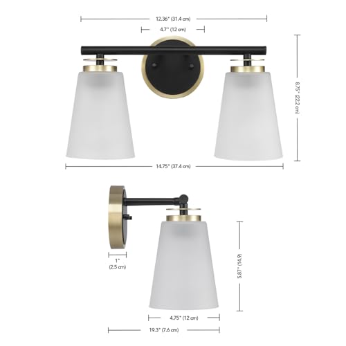 Image of Globe Electric 2-Light Vanity Light, Matte Black, Frosted Glass Shades, Matte Brass Accents