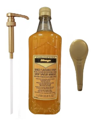 KK&A Gold Pump Bundle- MANGO Syrup 1 Liter Bottle - Authentic Mangoes Syrup, Premium Taste - Perfect for Starbucks Coffee, Lattes, and Desserts with KK&A Collection Gold Pump
