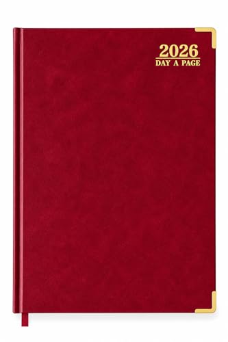Image of EJRange 2026 A4 Day Per Page Diary – Half-Hourly Appointment Book with Times, Day-to-View Planner, PU Leather Hardback, Padded Cover, Ribbon Marker – Burgundy & Gold