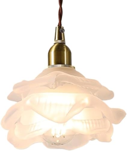 LONGDUOU French Retro Flower Glass Pendant Light, E12 Light Source Ceiling Light Fixture, Japanese Brass Bedroom Bed Adjustable Hanging Light, for Kitchen Island Dining Room Bedroom Hallway