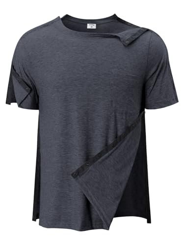 Image of Post Shoulder Surgery Shirts for Men Tear Away Recovery Short Sleeve Full Open Side Snap Chemo Adaptive Shirt