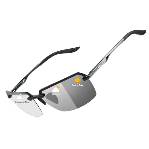 Image of BIRCEN Mens Metal Photochromic Sunglasses: UV Protection Al-Mg Sun Glasses Ultra-light Rimless Shades for Driving Cycling