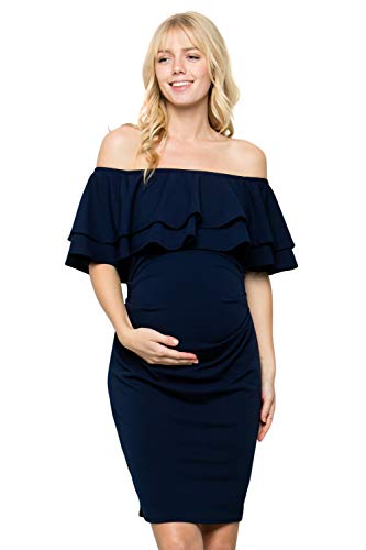My Bump Double Layer Ruffle Maternity Dress - Fitted, Off-Shoulder, Baby Shower, Pregnancy
