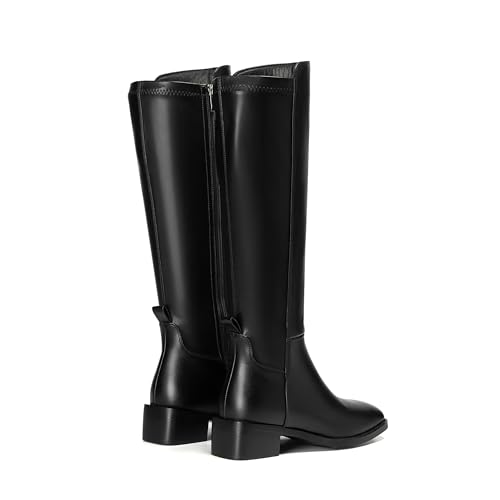 Image of vivianly Women's Knee-High Boots, Faux Leather Elastic Boots Low Heel Square Toe, Side Zipper Tall Boots
