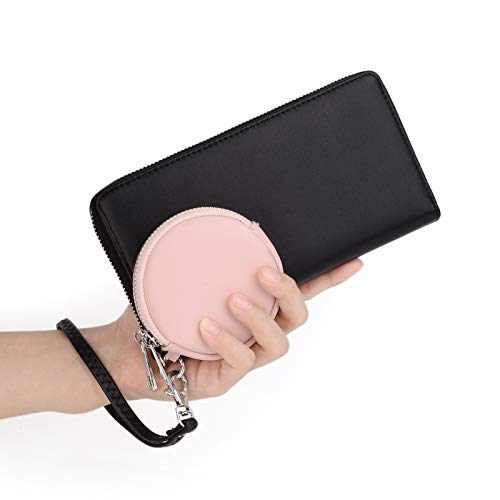 Uto Women Wallet Large Leather 2 Pcs Zip Pouch Card Holder Checkbook Passport Organizer Ladies Travel Clutch With Wristlet Black #TOP1