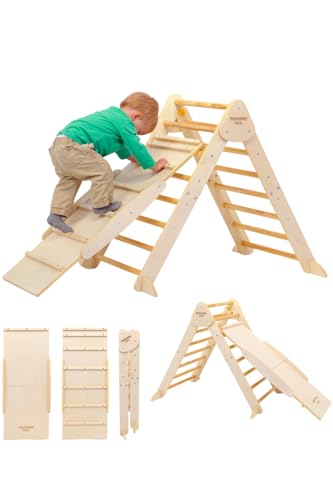 Image of Preferred Toys Pikler Triangle - 3 in 1 Montessori Climbing Set with Slide and Wooden Climber Wall - Foldable Kids Indoor Play Equipment Gym for Boys & Girls (Pikler Triangle with Slide)