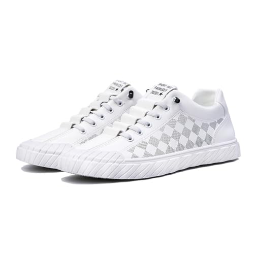 メンズ スニーカー 結ばない 靴紐 かかとが踏めるブロック柄 おしゃれ ゴム紐 ローカット 軽量 滑りにくい ビジネスカジュアル PUレザー 通勤 通学 (ホワイト, 25.5 cm)