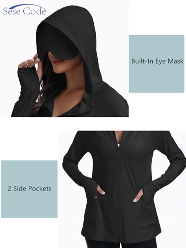 SeSe Code Travel Hoodie With Eye Mask Zip Up Sun Protection Lightweight Jacket With Pockets Airplane Outdoor Sleep Black XL — view 5