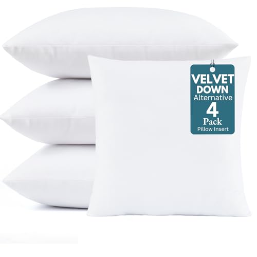 Throw Pillow Inserts Pack of 4 White - 18 x 18 Inches Velvet Pillows for Sofa, Couch and Bed - Indoor Decorative Pillows by LANE LINEN - Used condition - CA$27.89