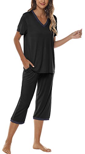Image of JINSHI Women's Pajamas Set Short Sleeve Top and Capri Pants Lightweight Sleepwear Comfy Pjs Lounge Set with Pockets