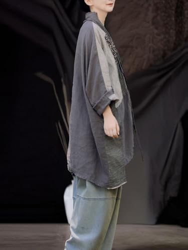 Women Linen Trench Coat Lightweight Kimono Jacket Open Front Cardigan Patchwork Outwear (US, Alpha, One Size, Regular, Regular, Grey) - Thumbnail 7