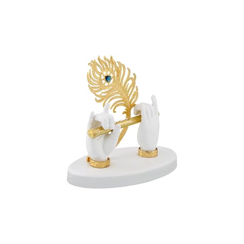 Image of Lord Krishna Hand Idol with Flute,Face and Peacock|Statue for Gifting Home Decor Decorative Showpiece - 12 cm Resin | (White)