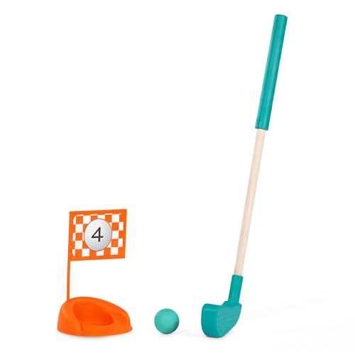 Image of B. toys Toy Golf Set, Hole-in-Fun with Wooden Clubs, 15-Piece Play | 15-piece mini golf set with 2 clubs, 4 balls, 4 cups, 4 numbered flags, storage bag, indoor or outdoor play, ages 3 years +