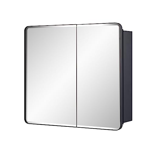 Image of IDYLLOR Black Bathroom Medicine Cabinet with Round Corner Framed Door and Beveled Edge Mirror 22 x 20 inch, Recessed or Surface Mount, with Adjustable Glass Shelves