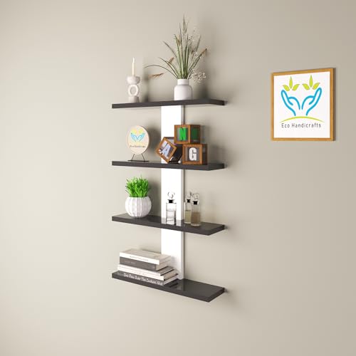 Image of Wooden Wall Mounted Floating Rack Shelves Book Stand Display Hanging Shelf Living Room Bedroom Storage Home Office for Decoration Showcase (Black White)