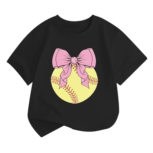 Oiiaayy Girls Softball Shirts Baseball Lovers Funny T Shirts Kids Cute Bow Graphic Tees Game Day Short Sleeve Tops(Black 5-6 Years)