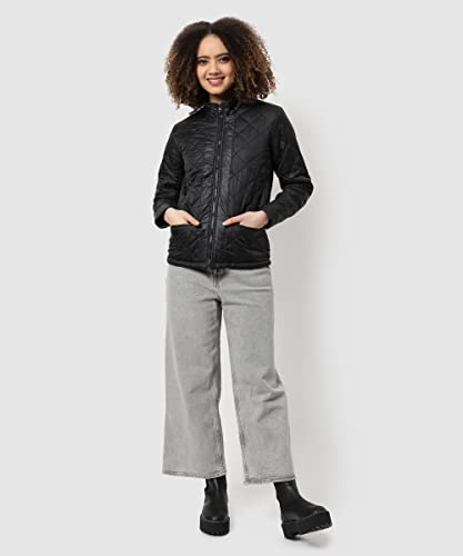 Image of Campus Sutra Women's Black Quilted Regular Fit Bomber Jacket For Winter Wear | Standing Collar | Full Sleeve | Zipper | Casual Jacket For Woman & Girl | Western Stylish Jacket For Women