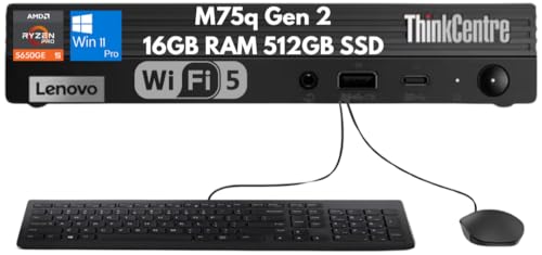 Lenovo ThinkCentre M75q Gen 2 Mini Desktop Business PC, AMD Ryzen 5 PRO 5650GE (6-Core), 16GB RAM, 512GB SSD, 4K Display Support, Wi-Fi, Bluetooth, Ethernet, Keyboard & Mouse, Copilot Windows 11 Pro