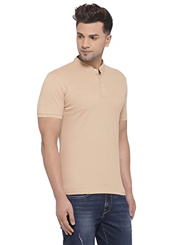 Image of Style Quotient Men Beige Solid Mandarin Collar T-Shirt