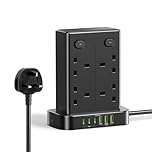 Tower Extension Lead, 8 Way Multi Plug Tower with 6 USB Ports, 1.8M Extension Cable with 4 Independent Switches, Overload Protection Plug Extension Socket 13A 3250W Power Strip Tower for Home Office