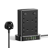Tower Extension Lead, 8 Way Multi Plug Tower with 6 USB Ports, 1.8M Extension Cable with 4 Independent Switches, Overload Protection Plug Extension Socket 13A 3250W Power Strip Tower for Home Office