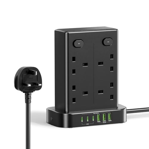 Tower Extension Lead, 8 Way Multi Plug Tower with 6 USB Ports, 1.8M Extension Cable with 4 Independent Switches, Overload Protection Plug Extension Socket 13A 3250W Power Strip Tower for Home Office
