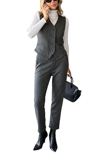 Women's 2 Piece Outfits Wool Blend Vest Waistcoat Dressy Casual Sets Winter Thick Cropped Pants Suits