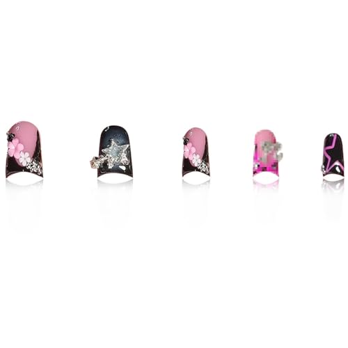 Image of Black Press on Nails Duck Fake Nails with Star Design French Tip Nail Press ons Glossy Stick on Nails Reusable Artificial Acrylic Full Cover Short Nail press ons for Women Manicure 24Pcs