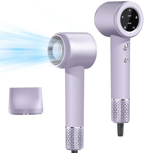 AXCEED Hair Dryer - 110,000 RPM Negative Ionic Blow Dryer, Professional and Lightweight hairdryer with 360° Rotating Magnetic Nozzle & LED Display - Perfect for Family, Salon and Travel Use (Purple)
