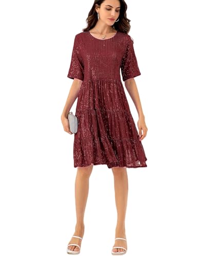 Image of Sequin Babydoll Summer Dress,Sparkly Glitter Dress Short Flowy Tiered Tunic Dress for Women Party Club Night