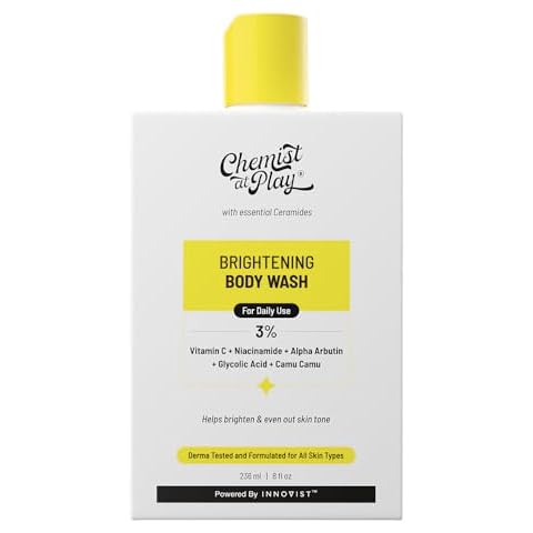 Chemist at Play Brightening Body Wash | Glowing Skin Vitamin C Bodywash | Helps to Reduce Fades Dark Spots, Evens out Skin Tone | Alpha Arbutin | 30X Vitamin C with Camu Camu | For Women & Men | 236ml Cover